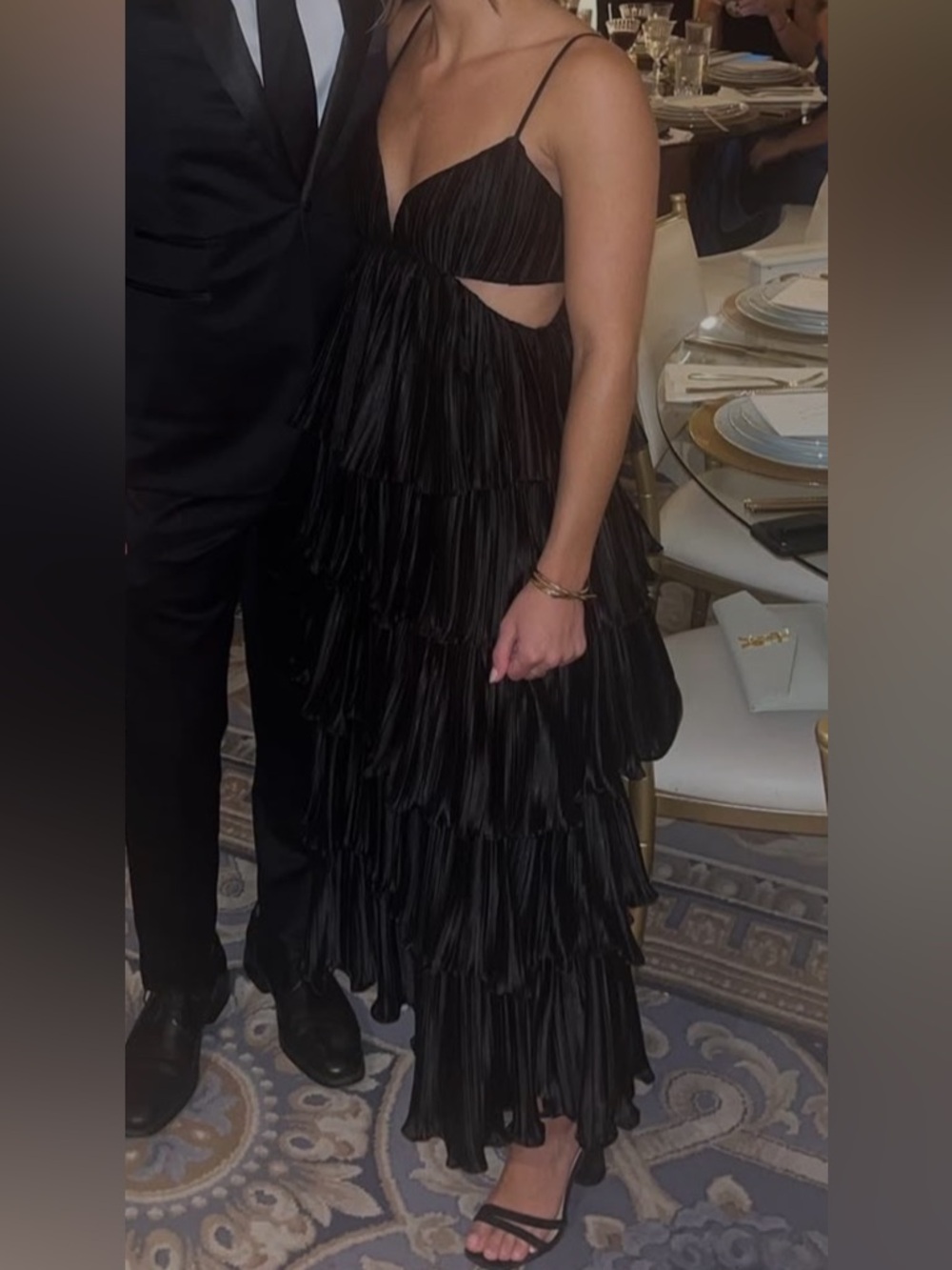 BHLDN Black Strapless Tiered Pleated Cutout Gown